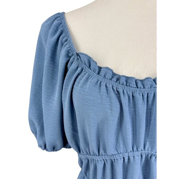 June + Hudson Blue Empire Puff Sleeve Mini Dress Cottagecore Prairie Babydoll - Picture 3 of 13